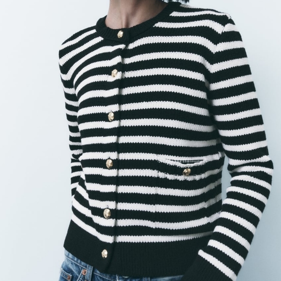 New Zara Striped Knit Cardigan With Gold Buttons - Picture 6 of 14